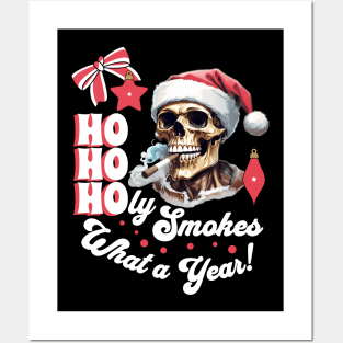 Funny Christmas Skeleton Wearing Santa Hat and Smoking Cigar Posters and Art